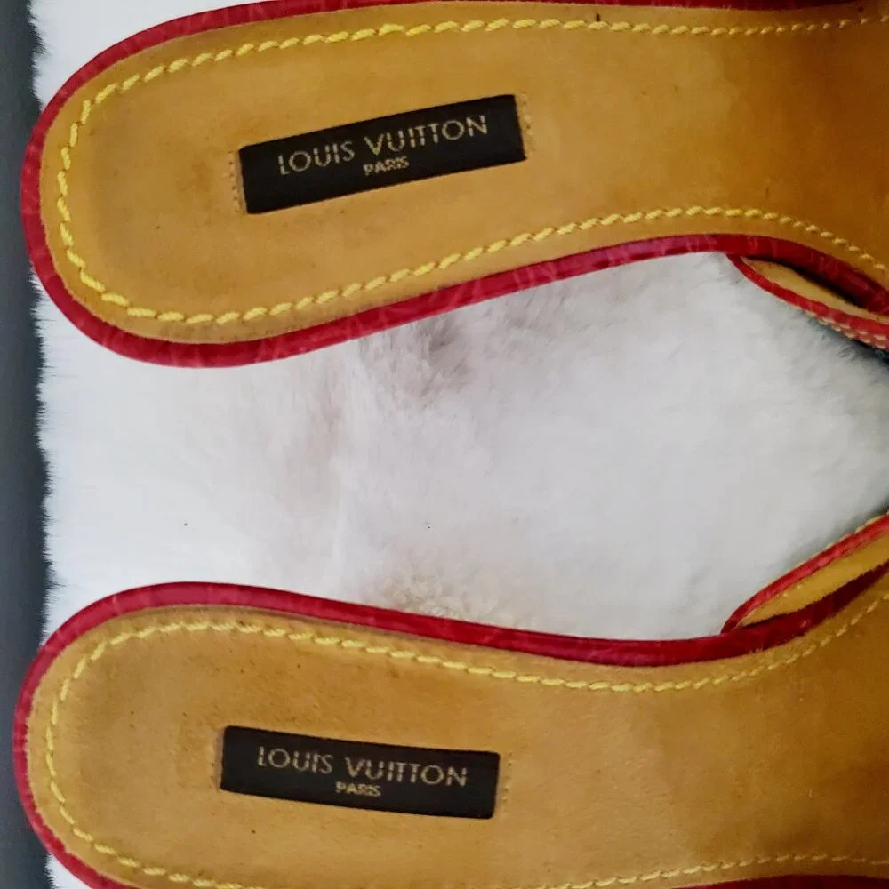 Louis Vuitton Monogram Denim Slide Sandals Red Leather Y2K LV Mule Luxury Size 9 - Picture 10 of 16
